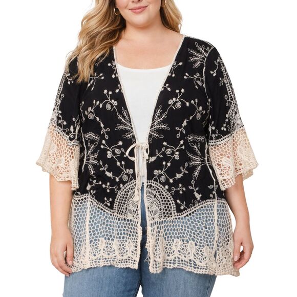 NWT Anthropologie Kindred 2X Black Ivory Embroidery Boho Kimono Cardigan Crochet - Picture 3 of 12